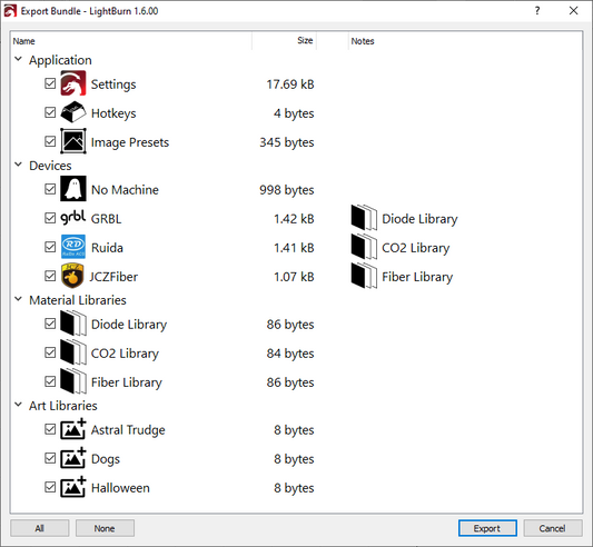 LightBurn 1.6.00: User and Vendor Bundles, random orientation for Grid Array, rotatable workspace for GCode devices, and more