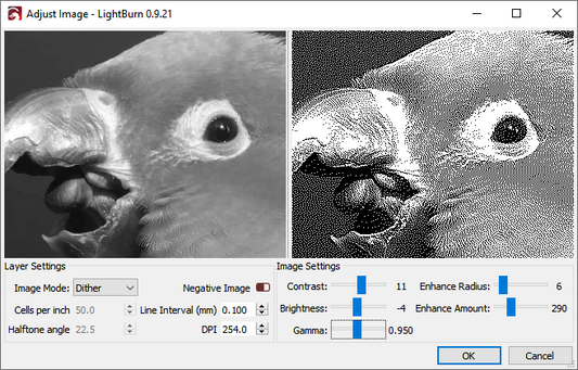 LightBurn 0.9.21 - Image adjustment window, image compositing, measure tool, new file format, memory savings, and much more
