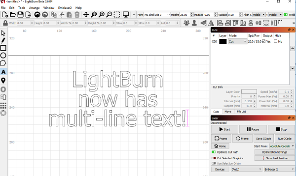 LightBurn v0.6.04: Multi-line text, trace transparent images, and a few fixes