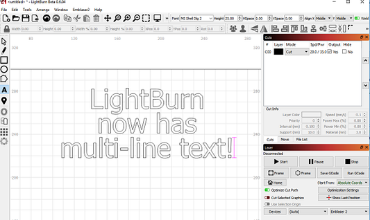 LightBurn v0.6.04: Multi-line text, trace transparent images, and a few fixes